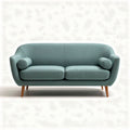 Fabric two-seater sofa in light blue with wooden legs and round armrests