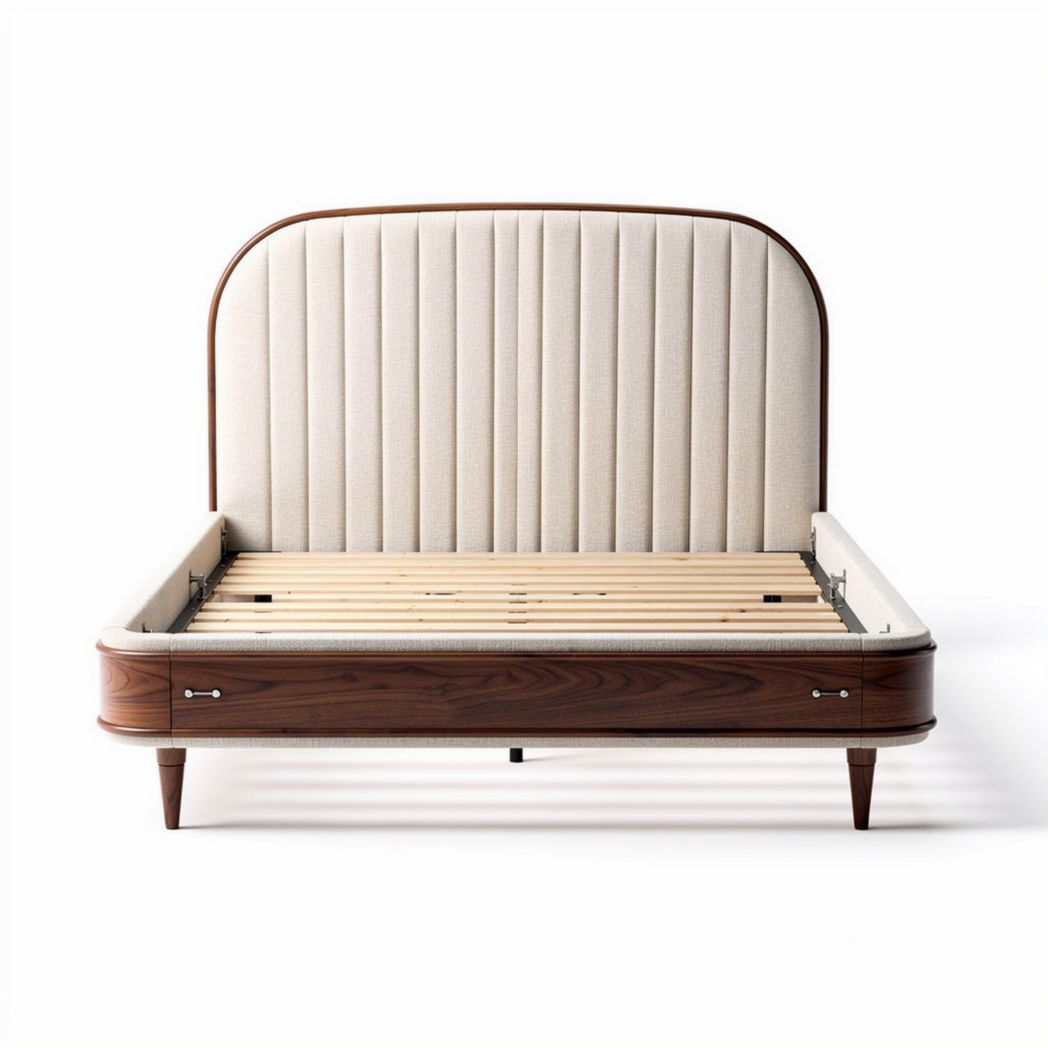 Upholstered bed frame with wooden slats in beige and walnut finish 200 x 160 x 100cm
